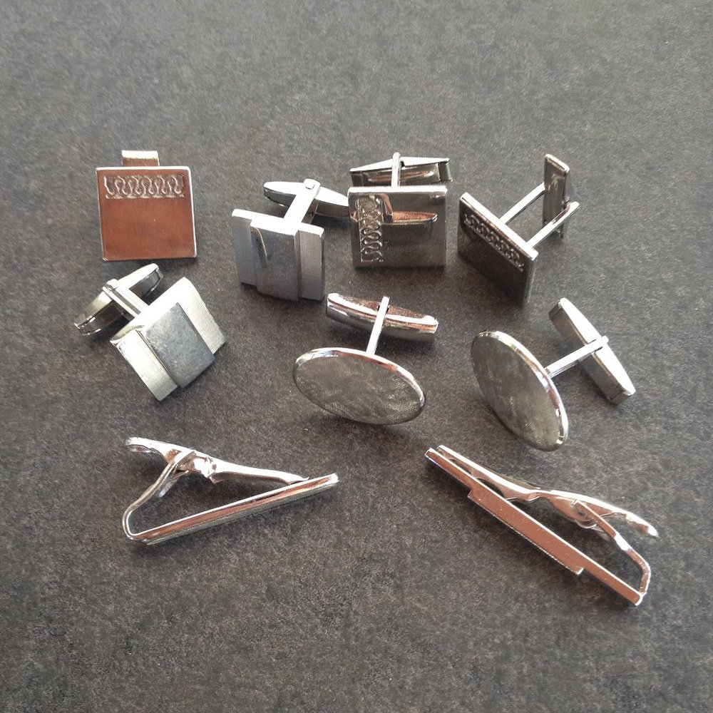 Vintage Silver Tone Cuff Link and Tie Bar Sets